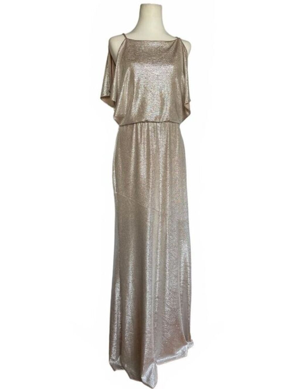 Lauren Ralph Lauren Champagne Metallic Goddess Maxi Gown 6 Cold Shoulder Formal